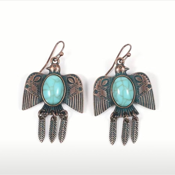 Western Aztec Bronze Tone Bird Dangle Feather Earrings with Faux Turquoise Stone - Picture 3 of 3